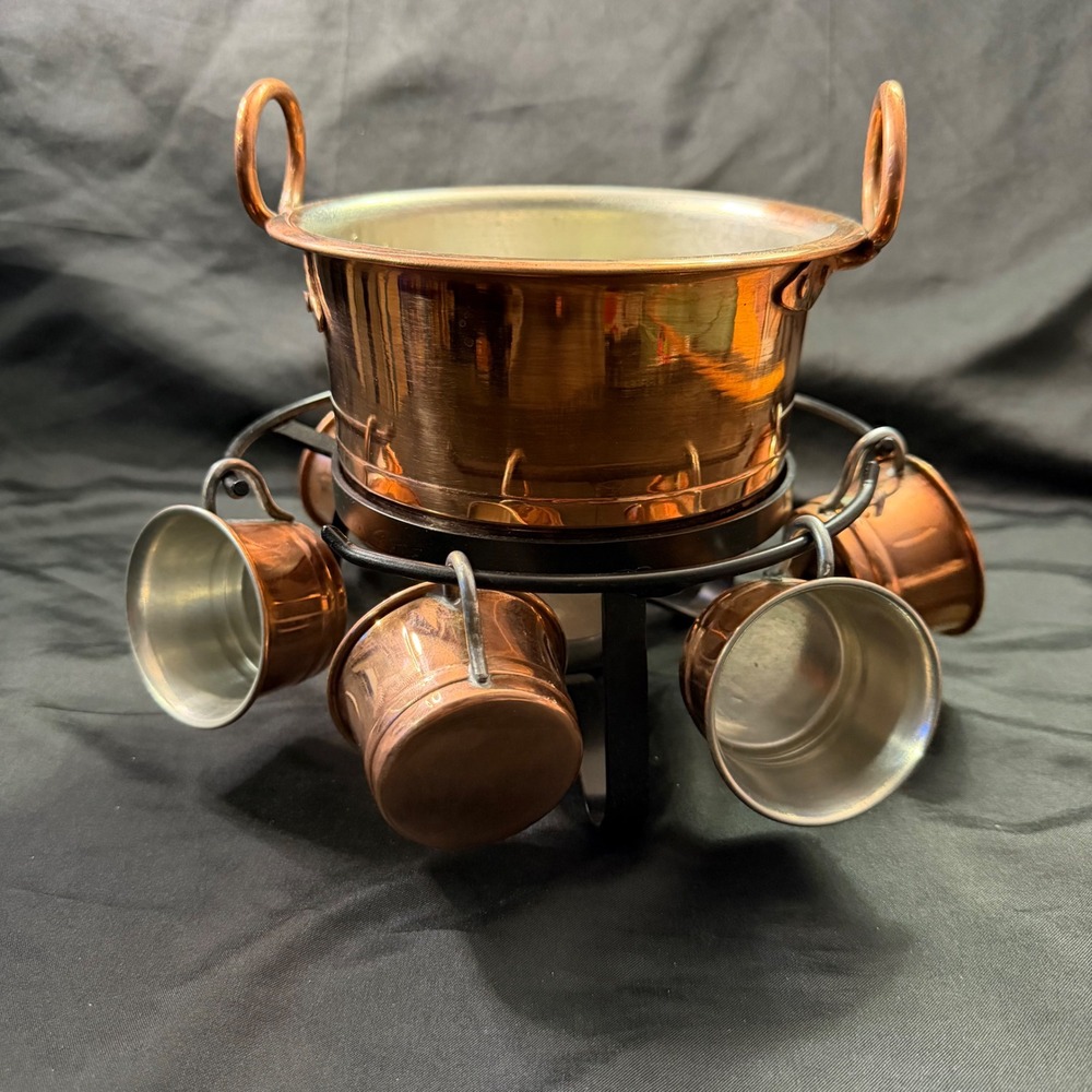 Vintage Copper Mulled Wine Warmer Set Glögg Fondue Server 6 Mugs Iron Stand MCM